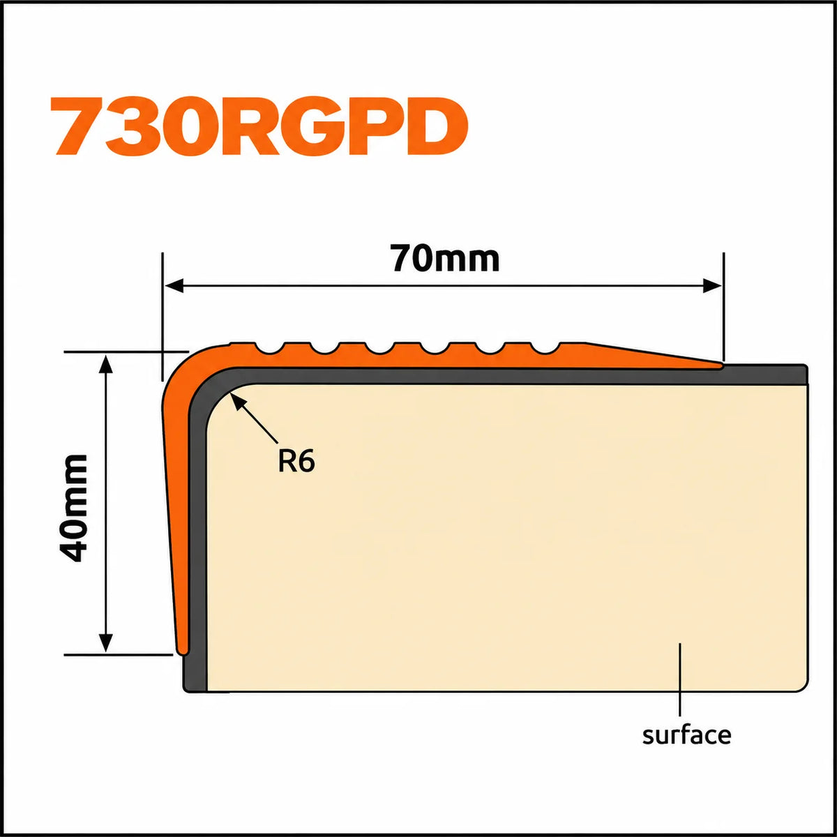 Non Slip Stair Nosing 70x40mm – Flexible PVC Rubber Profile 1.18m Diagram