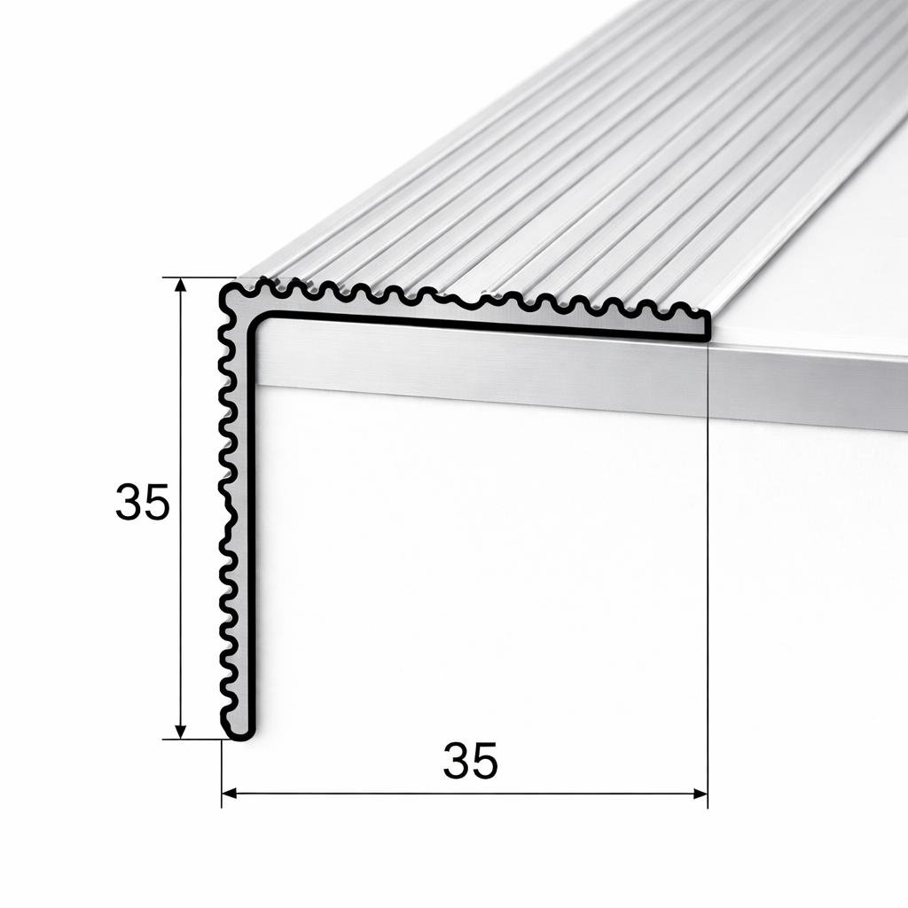 A34 stair nosing trim installed on concrete steps using self adhesive backing