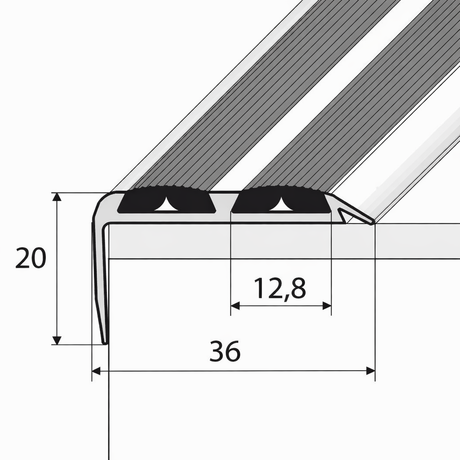 Sample Anodised aluminium stair nosing with rubber inserts installed on staircase step