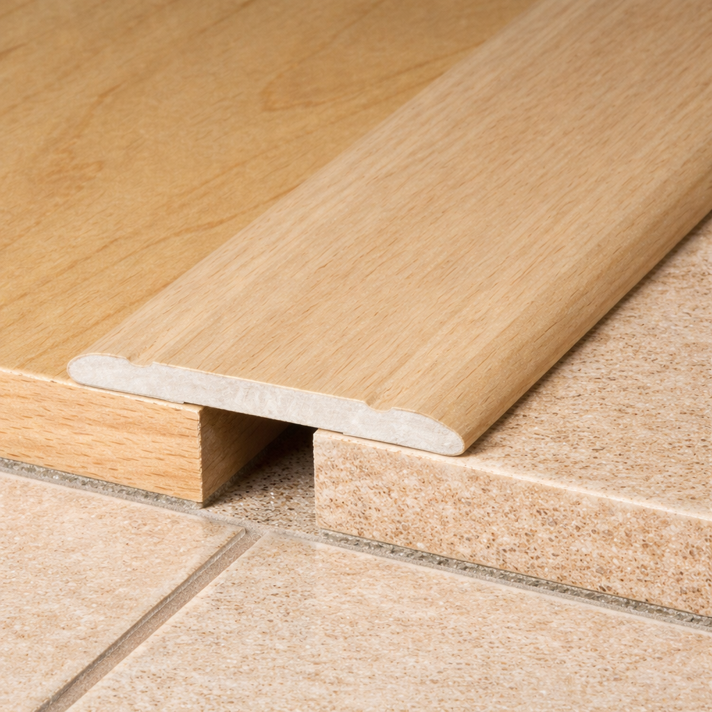 A02 30mm aluminium wood effect flat self adhesive door threshold strip installed at doorway