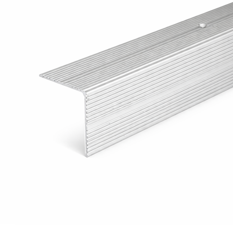 Silver A34 35x35mm anodised aluminium non-slip ribbed stair nosing edge trim installed on staircase steps