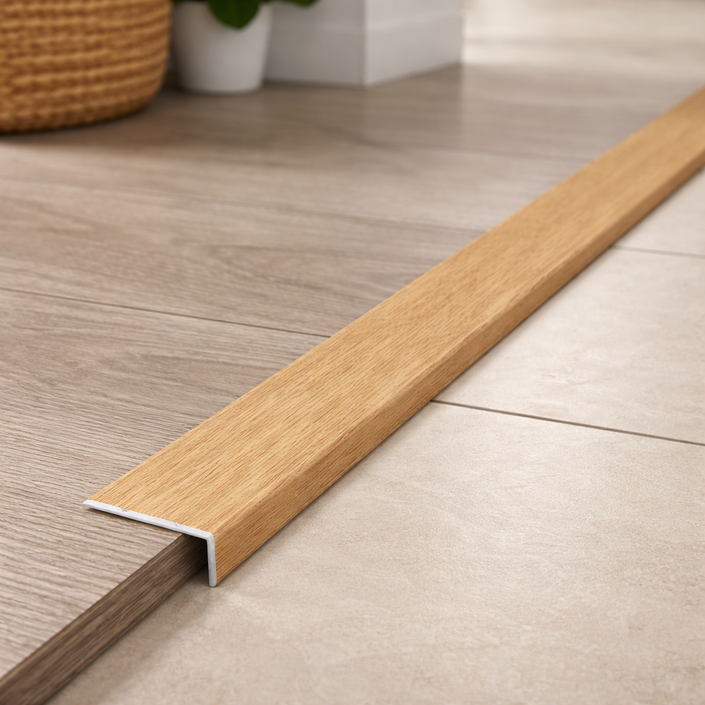 A31 25×10mm aluminium wood effect self-adhesive stair nosing installed on staircase step edge for protection