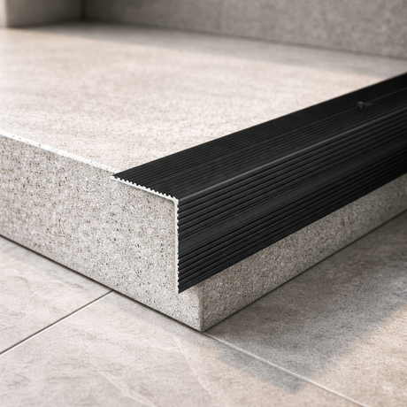 Ribbed tread aluminium stair nosing installed along stair edges for long-lasting stair safety