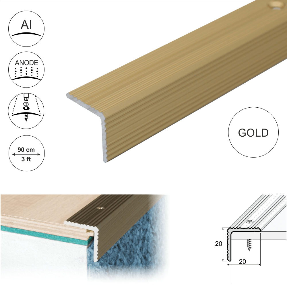 A35 20 x 20mm Anodised Aluminium Non Slip Ribbed Treads Stair Nosing Edge Trim