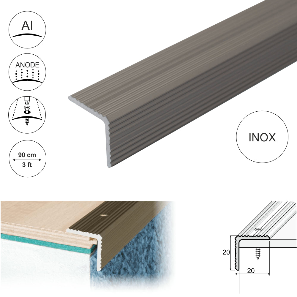 A35 20 x 20mm Anodised Aluminium Non Slip Ribbed Treads Stair Nosing Edge Trim