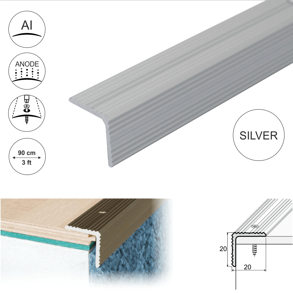 A35 20 x 20mm Anodised Aluminium Non Slip Ribbed Treads Stair Nosing Edge Trim