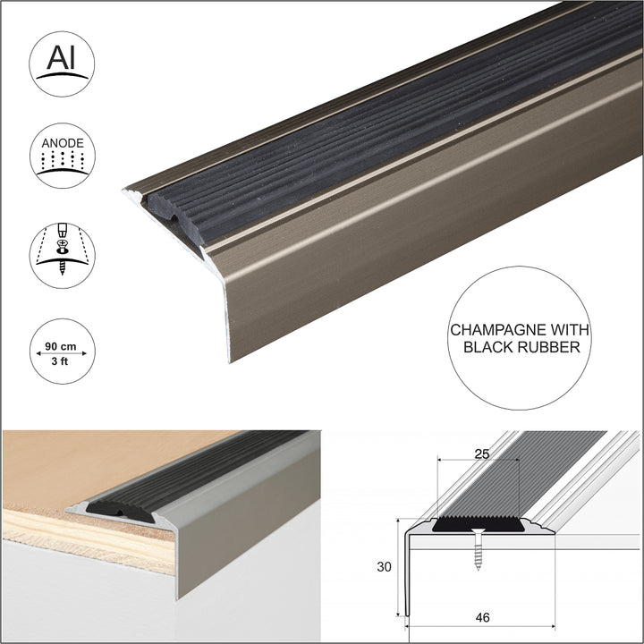 A38 0.9m x 46mm x 30mm Screw Fit Anodised Aluminium Non Slip Stair Nosing With Black Rubber