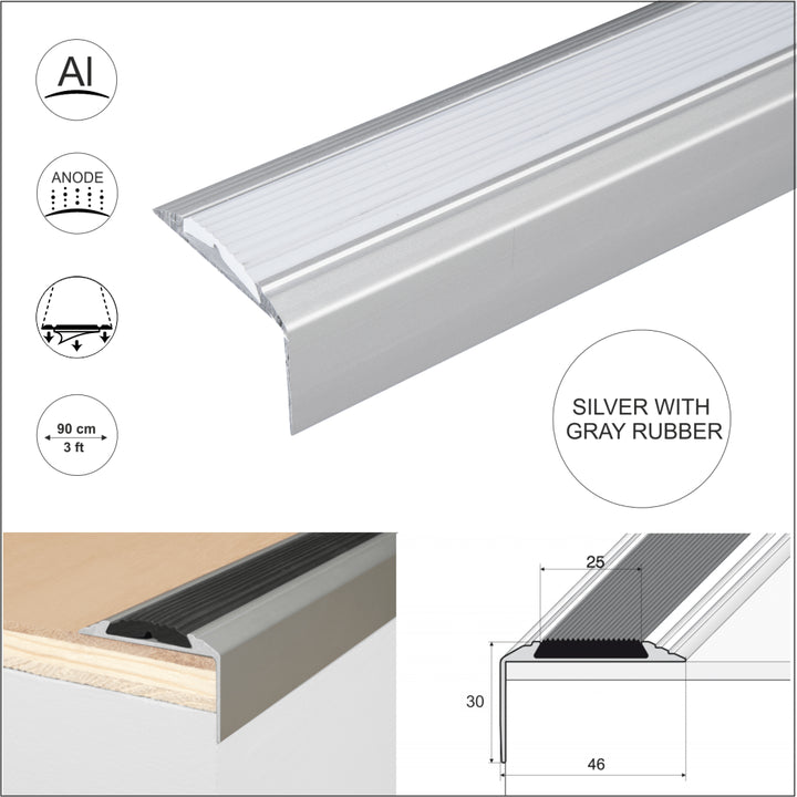 15 Pack Silver A38 0.9m x 46mm x 30mm Screw Fit Anodised Aluminium Non Slip Stair Nosing With Grey Rubber