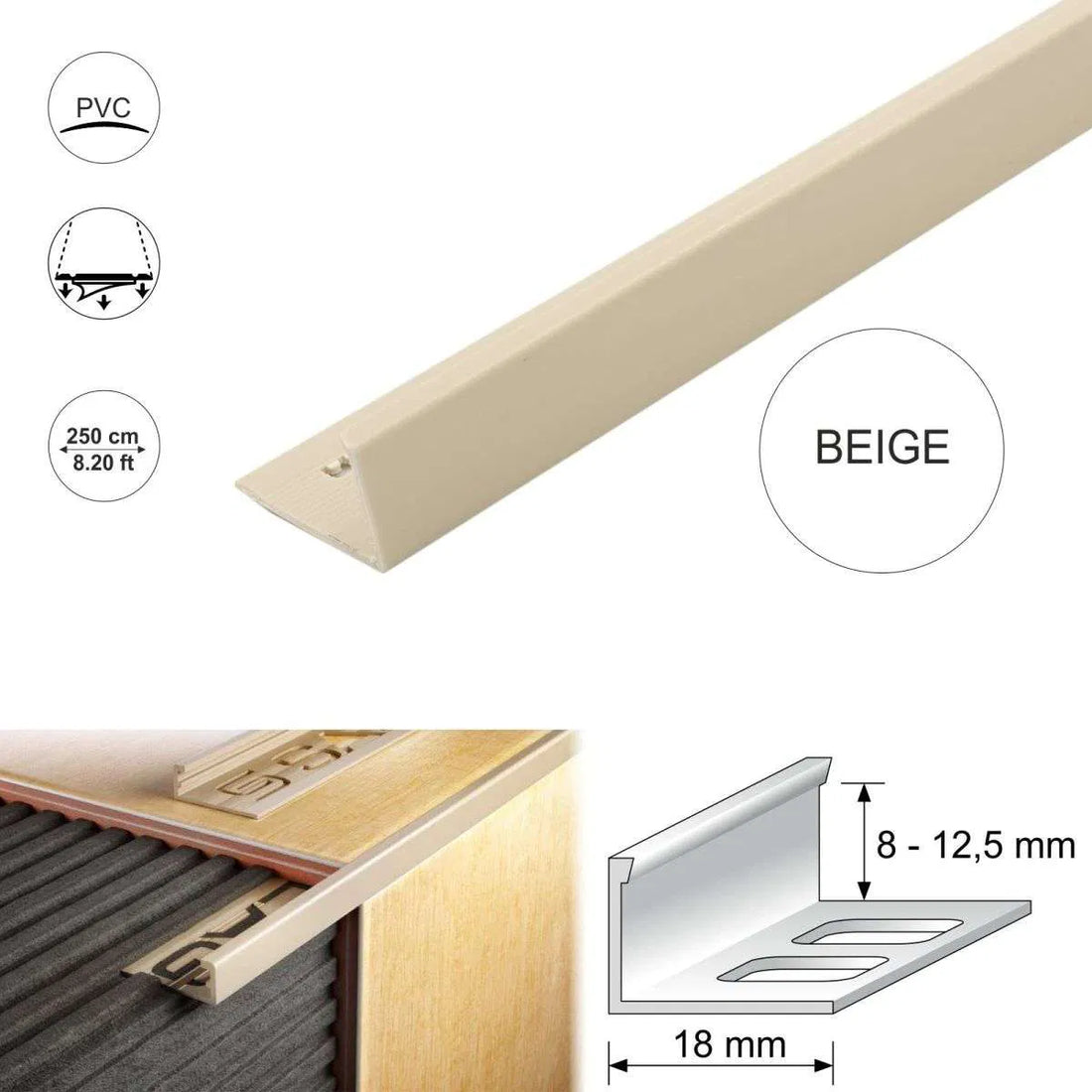 Beige PVC Straight Edge L shaped Tile Trim 8,10,12.5mm Depth