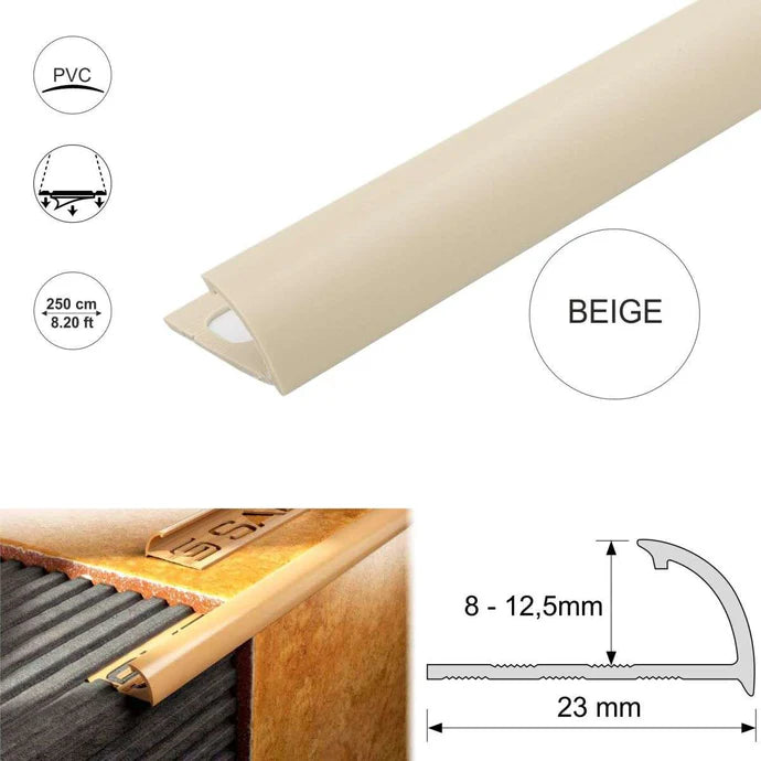 PVC Round Edge tile trim in 8, 10, or 12.5mm depth. 2.5m length. Ideal for tile edges, borders, or floor transitions. Clean, durable finish for wall or floor use.