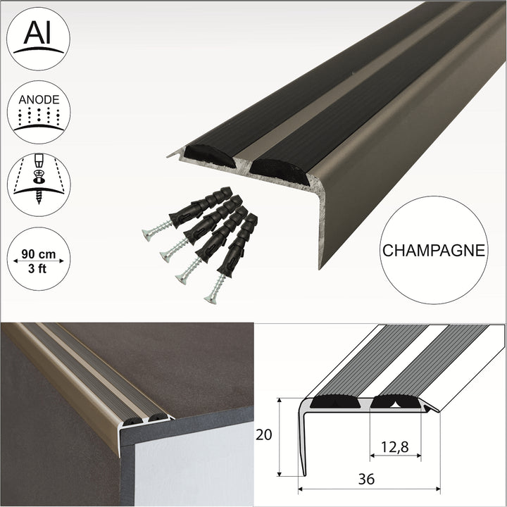 15 Pack Champagne A37 0.9m x 36mm x 20mm Screw Fit Anodised Aluminium Non Slip Stair Nosing With Black Rubber