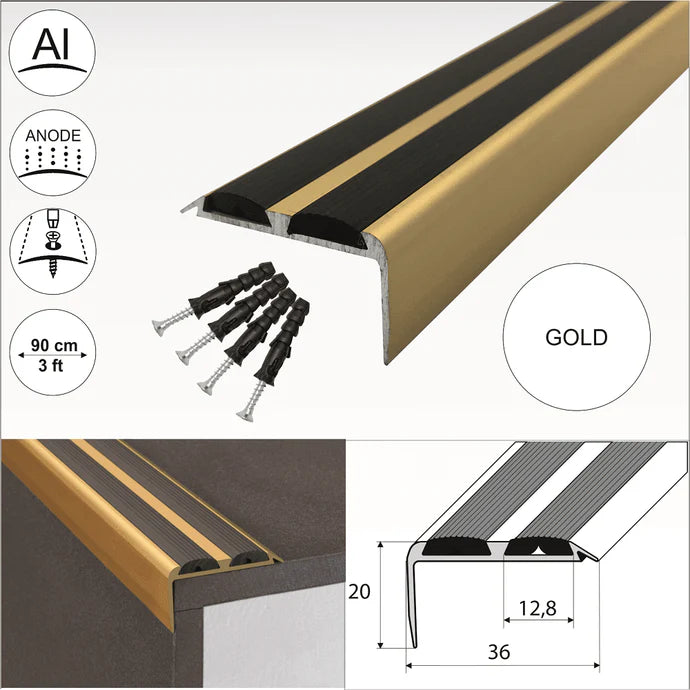 15 Pack A37 0.9m x 36mm x 20mm Screw Fit Anodised Aluminium Non Slip Stair Nosing With Black Rubber