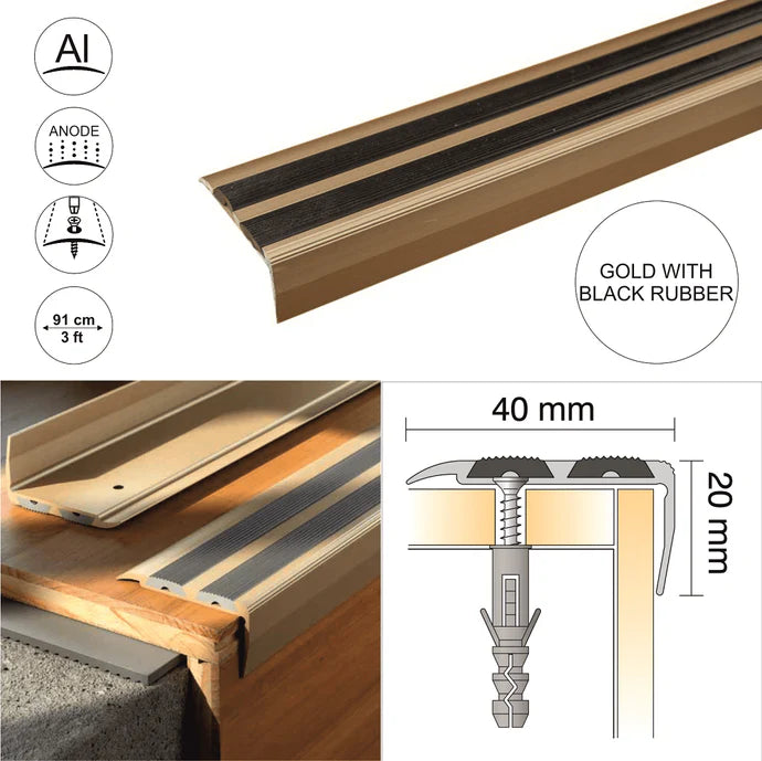 SA11 40 x 20mm Anodised Aluminium Non Slip Rubber Stair Nosing Edge Trim With Insert