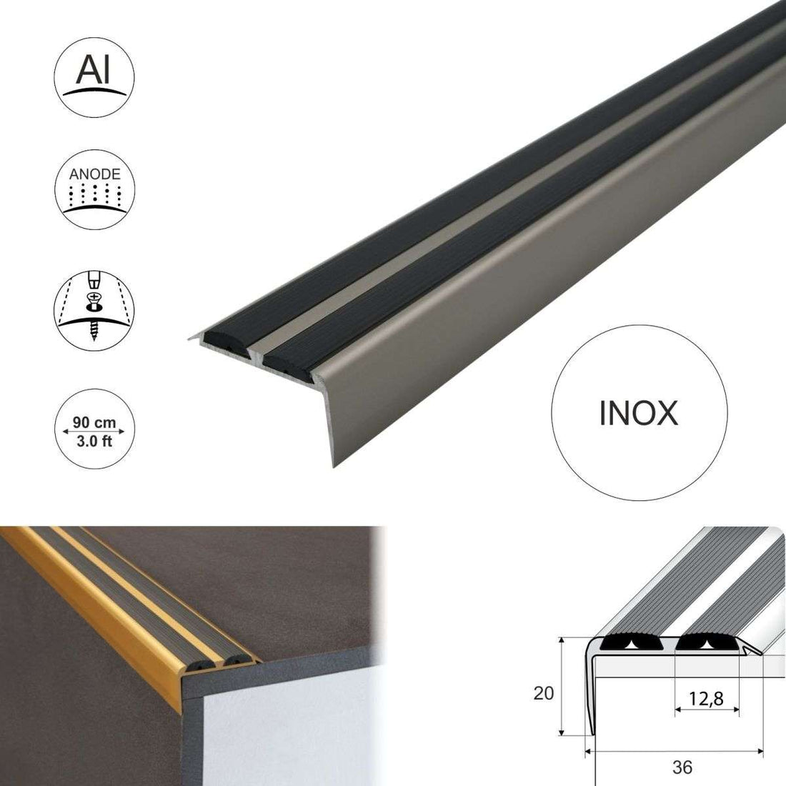 15 Pack Inox A37 0.9m x 36mm x 20mm Screw Fit Anodised Aluminium Non Slip Stair Nosing With Black Rubber