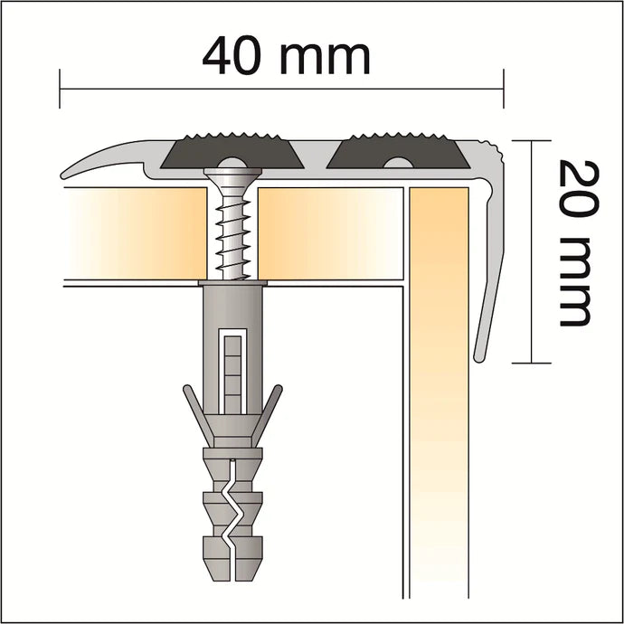 SA11 40 x 20mm Non Slip Rubber Aluminium Stair Nosing Edge Trim With Insert External Use