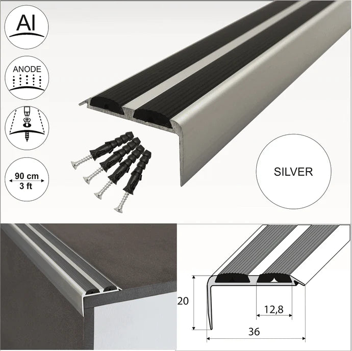 15 Pack A37 0.9m x 36mm x 20mm Screw Fit Anodised Aluminium Non Slip Stair Nosing With Black Rubber