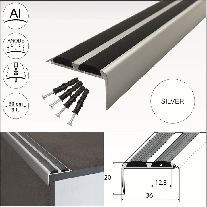 15 Pack Silver A37 0.9m x 36mm x 20mm Screw Fit Anodised Aluminium Non Slip Stair Nosing With Black Rubber