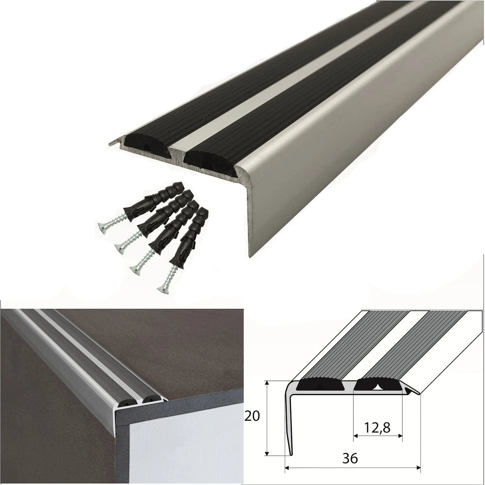 Screw Fit Anodised Aluminium Silver Screw Fit with Black Rubber Non Slip Stair Nosing With Black Rubber