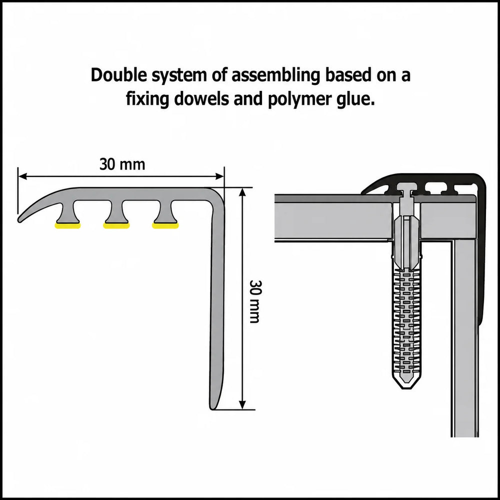 Laminate Stair Nosing 30x30mm uPVC Wood Effect Profile – 0.9m Diagram
